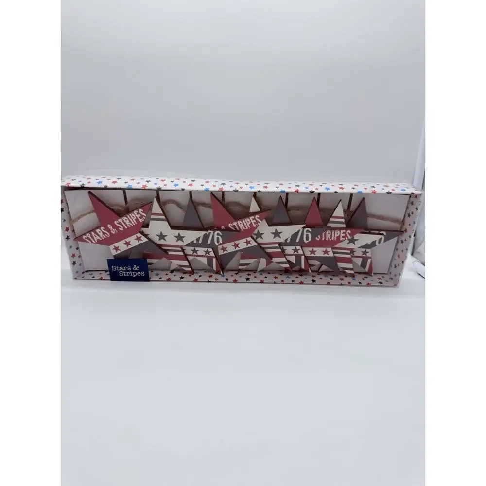 Stars & Stripes 6ft Wood Star Garland Patriotic USA Red White Blue Decor NIB